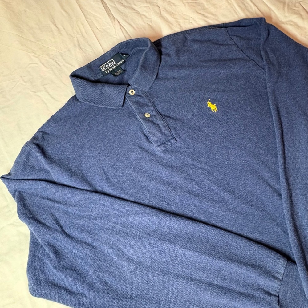 Polo Ralph Lauren Mens Blue Long Sleeve Cotton Polo Shirt Yellow Pony Logo L